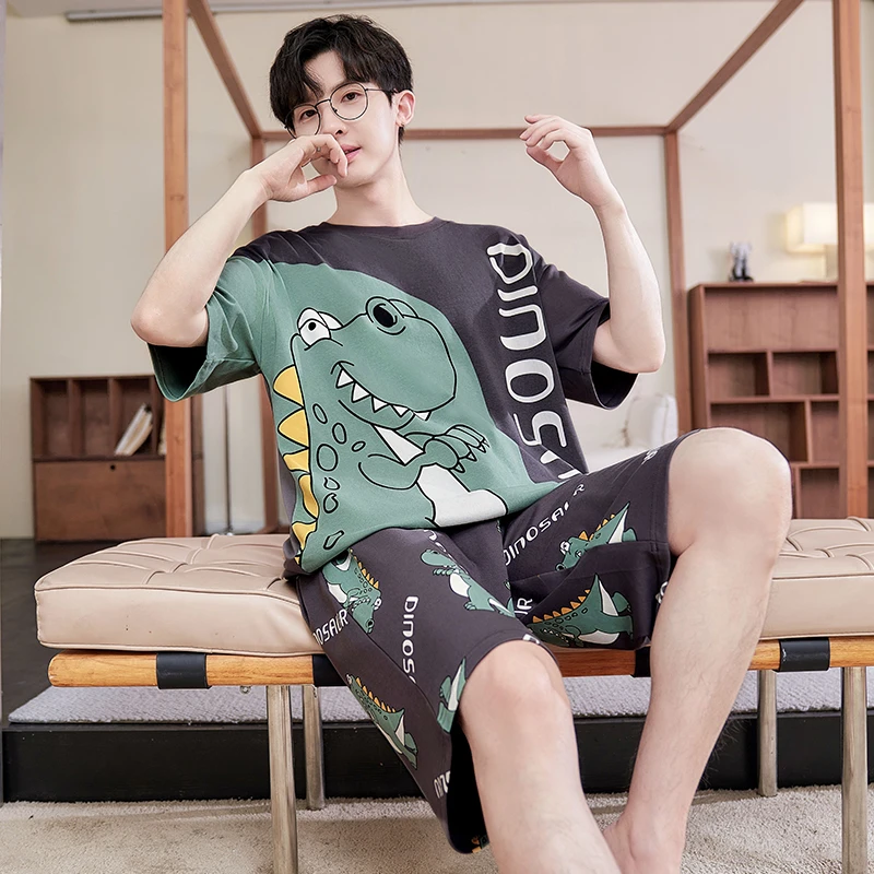 Summer Men's Pijama Sets Korean Loose Pyjama Suit Sleepwear Leisure wear Male Loungewear Cartoon Dinosaur Cotton Pijama