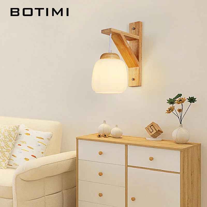 BOTIMI Japanese Style Wood Base Wall Lamp Modern Solid Wood Bedside Luminaires Nordic Home Decorative Wall Sconce (Bulb For Free