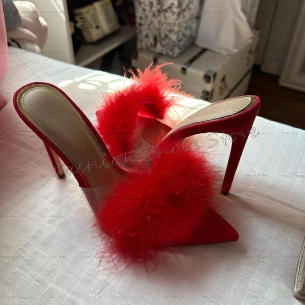 

Red Fur Decor Pointed Toe Slippers Open Toe Sexy Women Shoes Stilettos High Heels Party Banquet Dating 2025 Zapatos Para Mujere