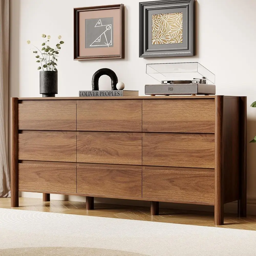 9-Drawer Century-Style Walnut Chest with Solid Wood Legs for Bedroom or Living Room Storage