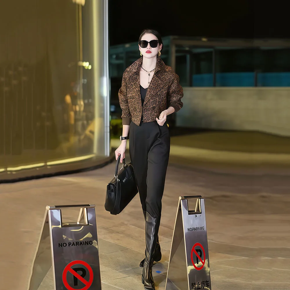 Giacca da donna con stampa leopardata High Street Cappotti corti con risvolto retrò americano Donna Casual Cerniera Manica lunga Capispalla Autunno Nuovo cappotto