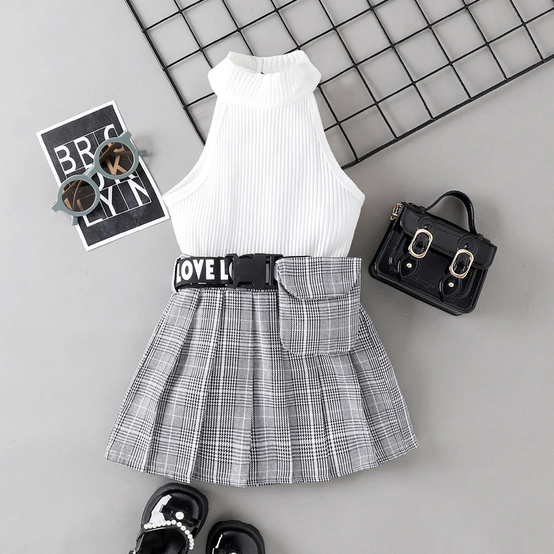 Kids Baby Girl Summer Fashion Clothes Set Sleeveless High Neck Solid Ribbed Vest + Plaid Pleated Skirt + Waist Bag Set