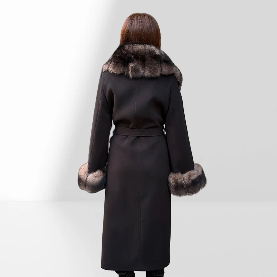 ใหม่ CASHMERE Coat ผู้หญิงผ้าขนสัตว์ผสมยาวขนสุนัขจิ้งจอกจริง Trim ขนสัตว์ธรรมชาติแจ็คเก็ตเสื้อผ้าหรูหราเสื้อขนสัตว์แคชเมียร์
