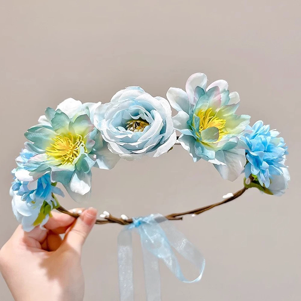 Fashion Bohemia Garland Rose Flower Crown Women Headbands with Adjustable Ribbon Girls Floral Wreath Bridal Halo Headpiece