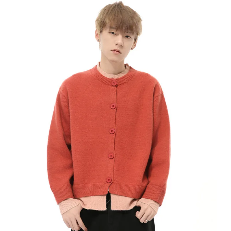 Korean Style Men's Cardigan Single Breasted Fake Two Pieces Round Collar Loose Knitting Loose Male Sweaters 2024 Autumn