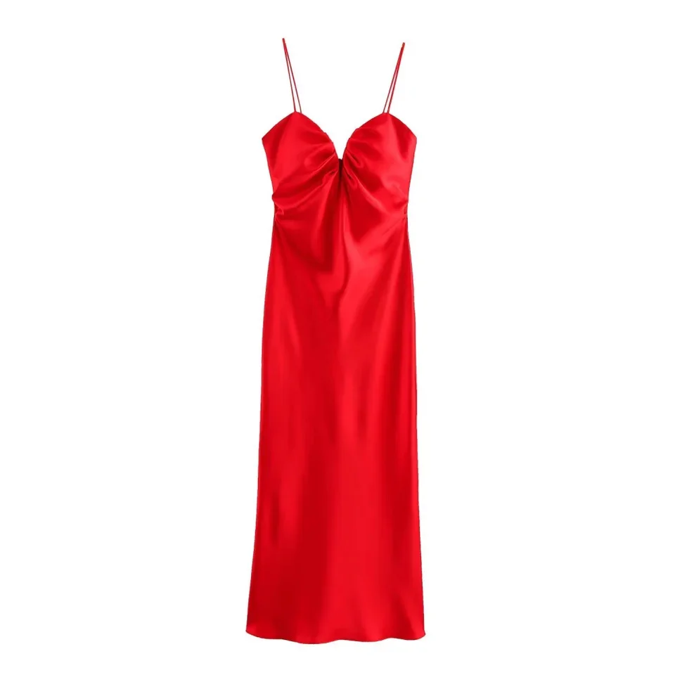 2025 BM&MD&ZA Women's Dress: Glamorous Red Satin Slip Dress with Sweetheart Neckline and Spaghetti Straps