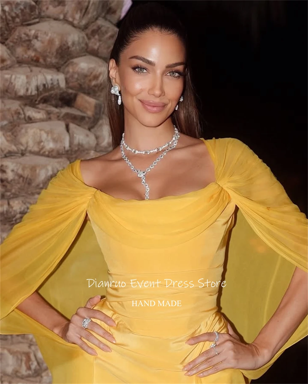 فستان سهرة لامع مصنوع يدويًا من Dianruo بطيات بطول الأرض فيستدو فورماليس أصفر عالي الجودة فيستدوس دي فيرانو مخصص #5