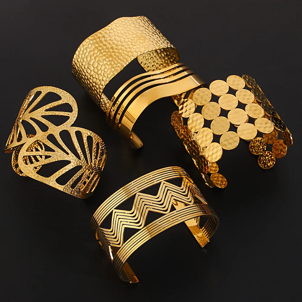 Chunky Gold Plated Stainless Steel Cuff Bangles Exaggerated Hollow Geometric Abstract Wristband Bracelets Waterproof Jewelry