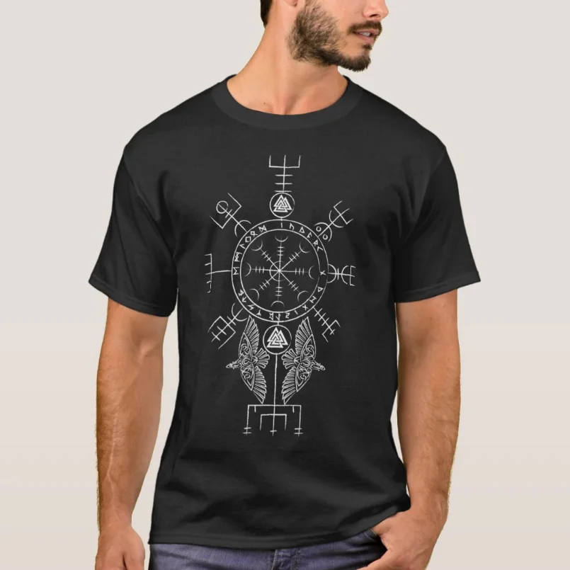 Norse Mythology Raven  Compass Vegvisir Rune T-Shirt Short Sleeve Casual 100% Cotton O-Neck Summer Mens T-shirt Size S-3XL