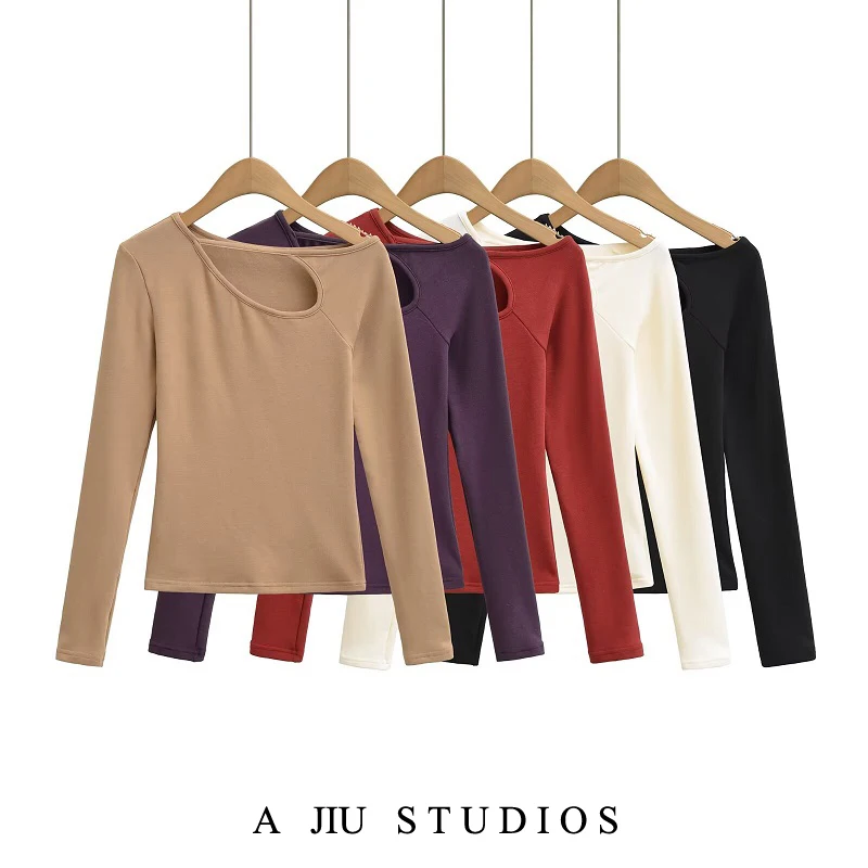 Fce اصطف طويل Sve تي شيرت المرأة الخريف الشتاء الجوف خارج oulder Baring قاعدة irt الفتاة سليم صالح لون نقي #1