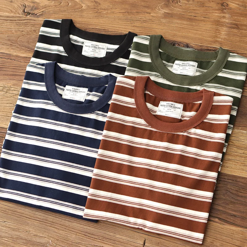 

4123# Summer New American Retro 240g Short Sleeve O-neck Striped T-shirt Men's Simple 100% Cotton Washed Heavyweight Casual Tops