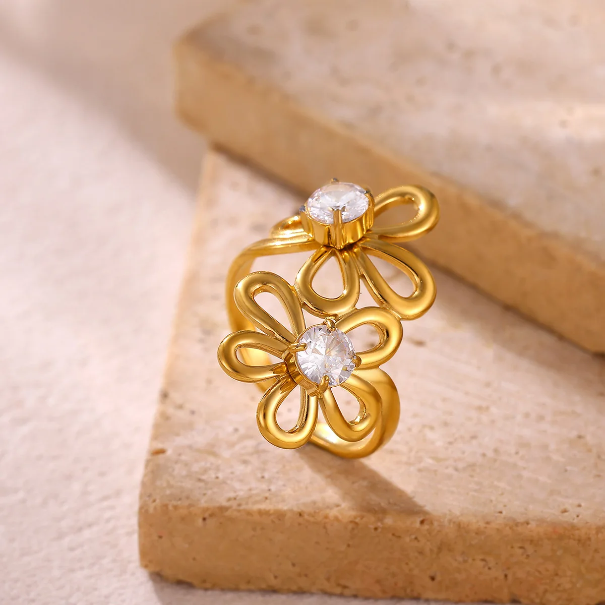 Stainless Steel Hollow Flower Zircon Rings for Women Sweet Irregular Daisy Geometric Open Ring Trendy Charm Jewelry Gift view 4