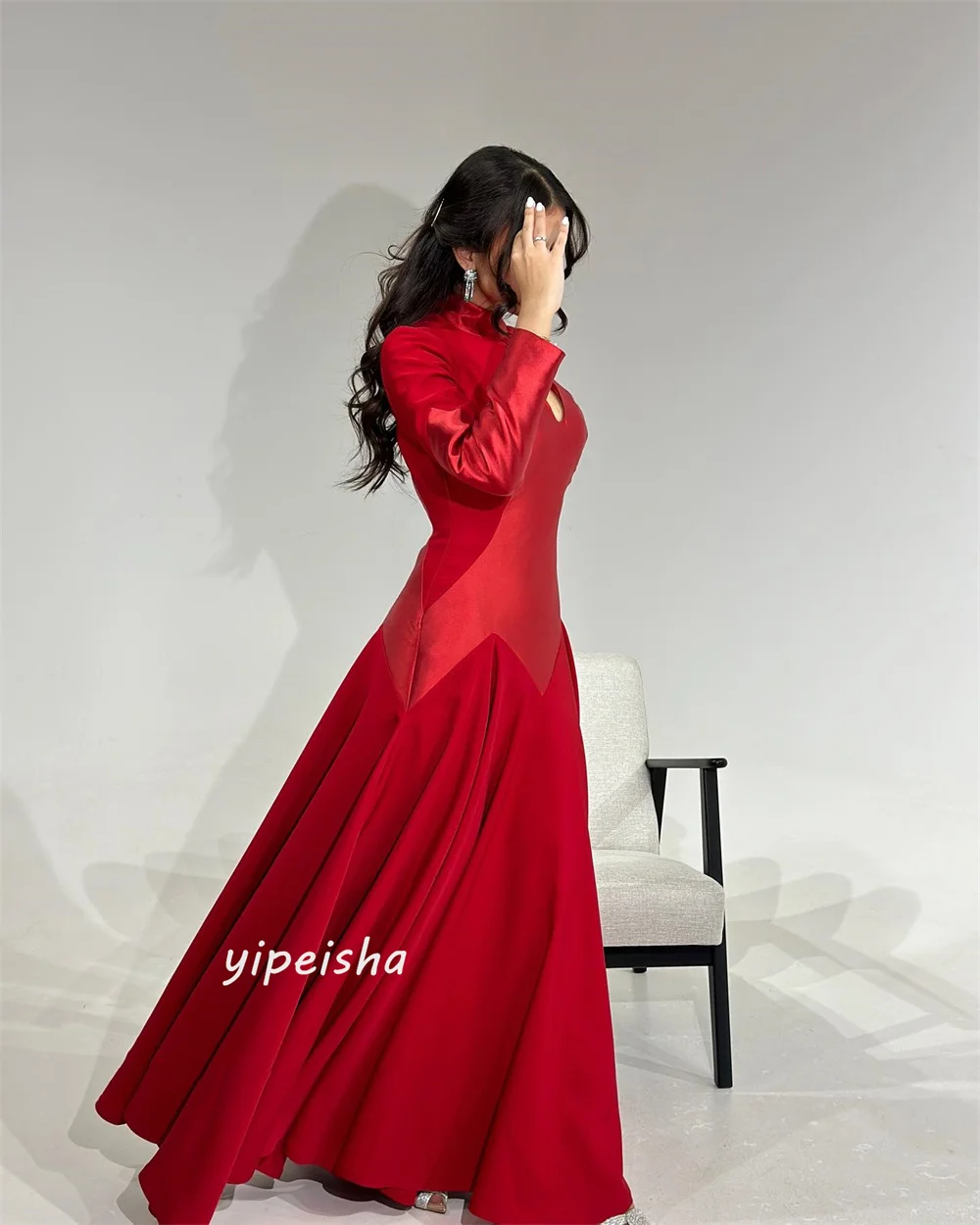 Jiayigong Satin Draped Ruched Cocktail Party A-line High Collar Bespoke Occasion Gown Long Dresses