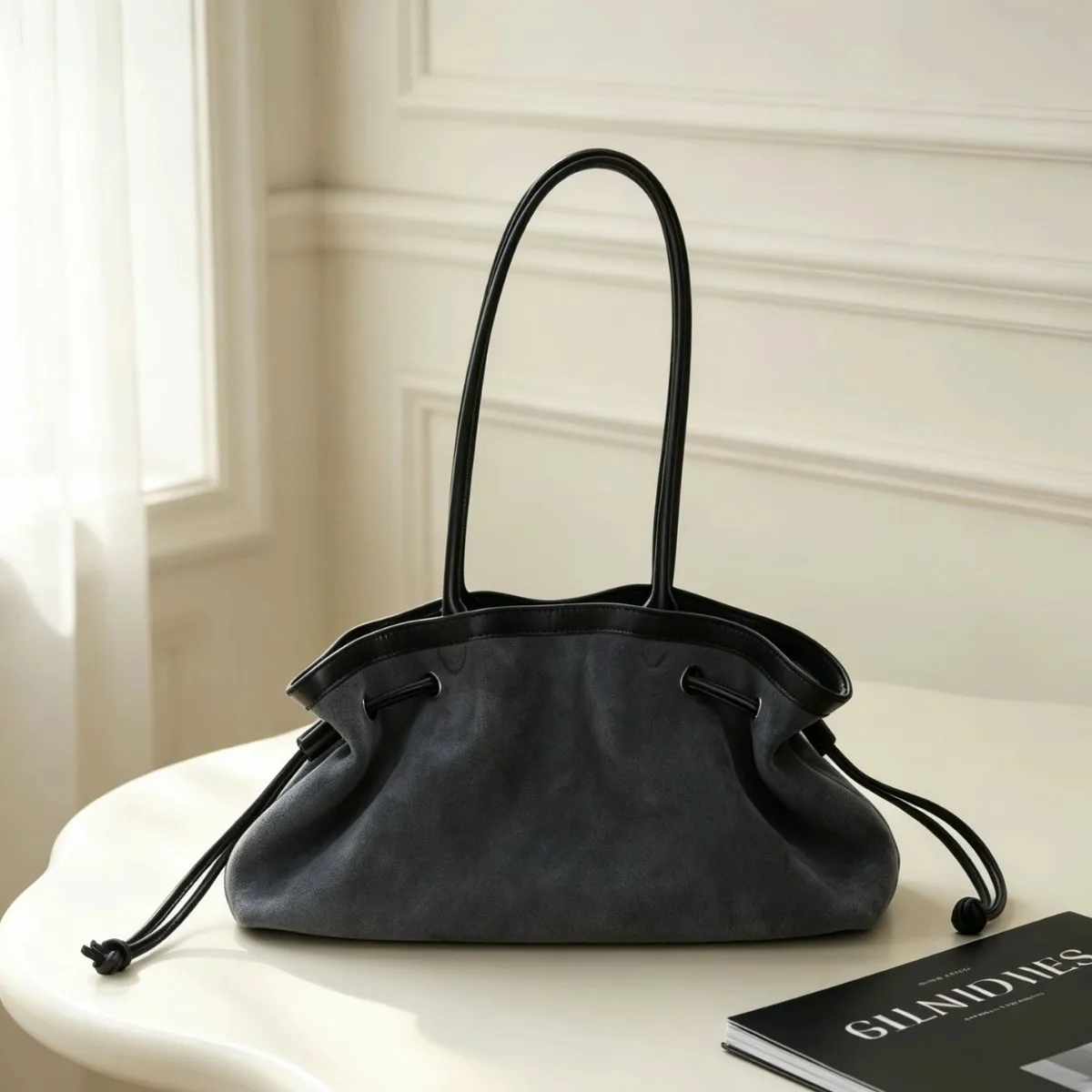 Niche Design Pleated Contrasting Underarm Color Large Capacity Shoulder Splicing Drawstring Lucky Bag Texture Unique and Simple
