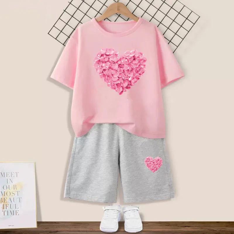 2pcs Girls Clothes Sets Summer Outfit  Kids Flower Heart Short Sleeve T-Shirt Tops+ Shorts Cute Children Clothes Suits 3-14T