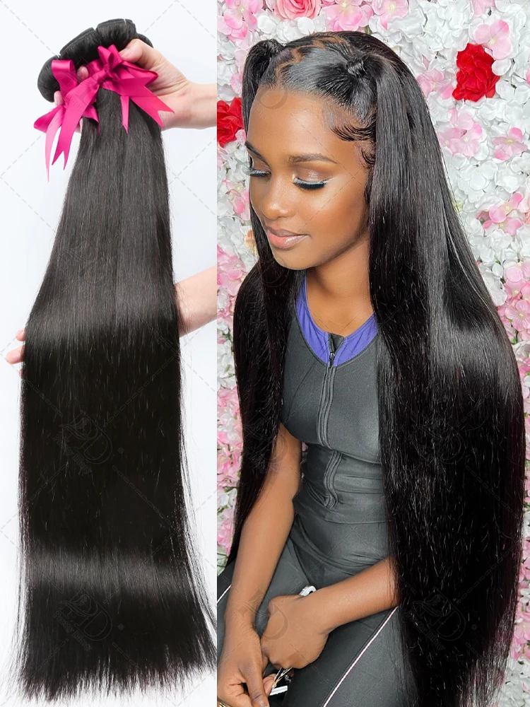 Hair Straight Human Hair Bundles Deal Brazilian Remy Hair 28 30 32 40 Inch Lace Closure 100% Natural Extensions For Women