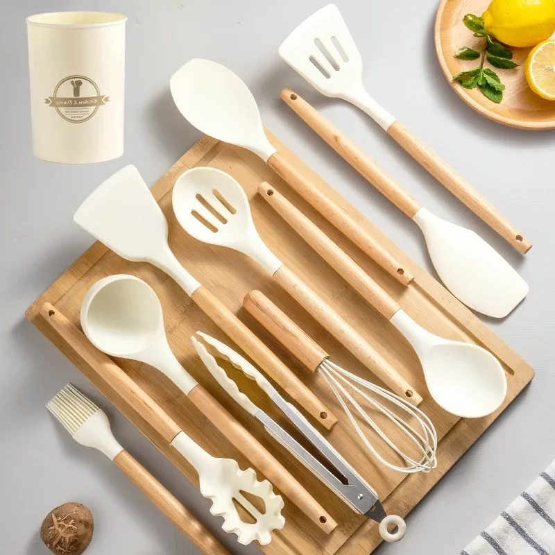 12Set of Wooden Handle Silicone Household Kitchen Tools Non-Stick Pan Cooking Spatula and Soup Spoon Silicone Kitchenware Set