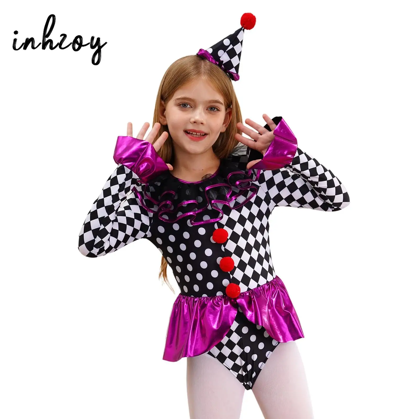 Girls Halloween Circus Clown Cosplay Costume Long Sleeve Ruffle Checkerboard Polka Dots Pom Poms Role Play Bodysuit with Hat