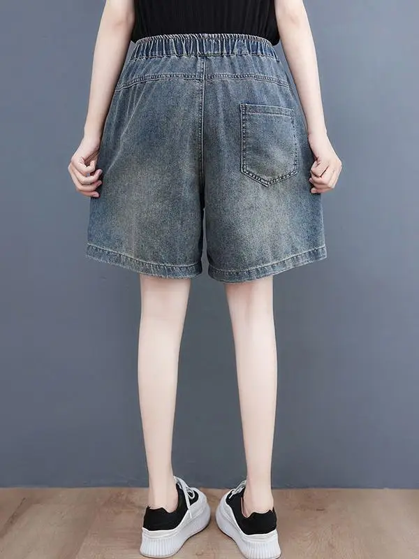 

Summer Thin Cotton orts Women's Retro Artistic Embroidery Loose Elastic Waist Casual Mom Slimming Four-Piece Jeans