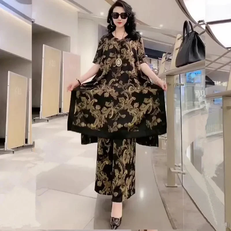 Women's 2023 Summer New High Grade Temperament Fashion Wide Leg Pants Real Quality Silk Large Size Foreign Style Two Piece Set