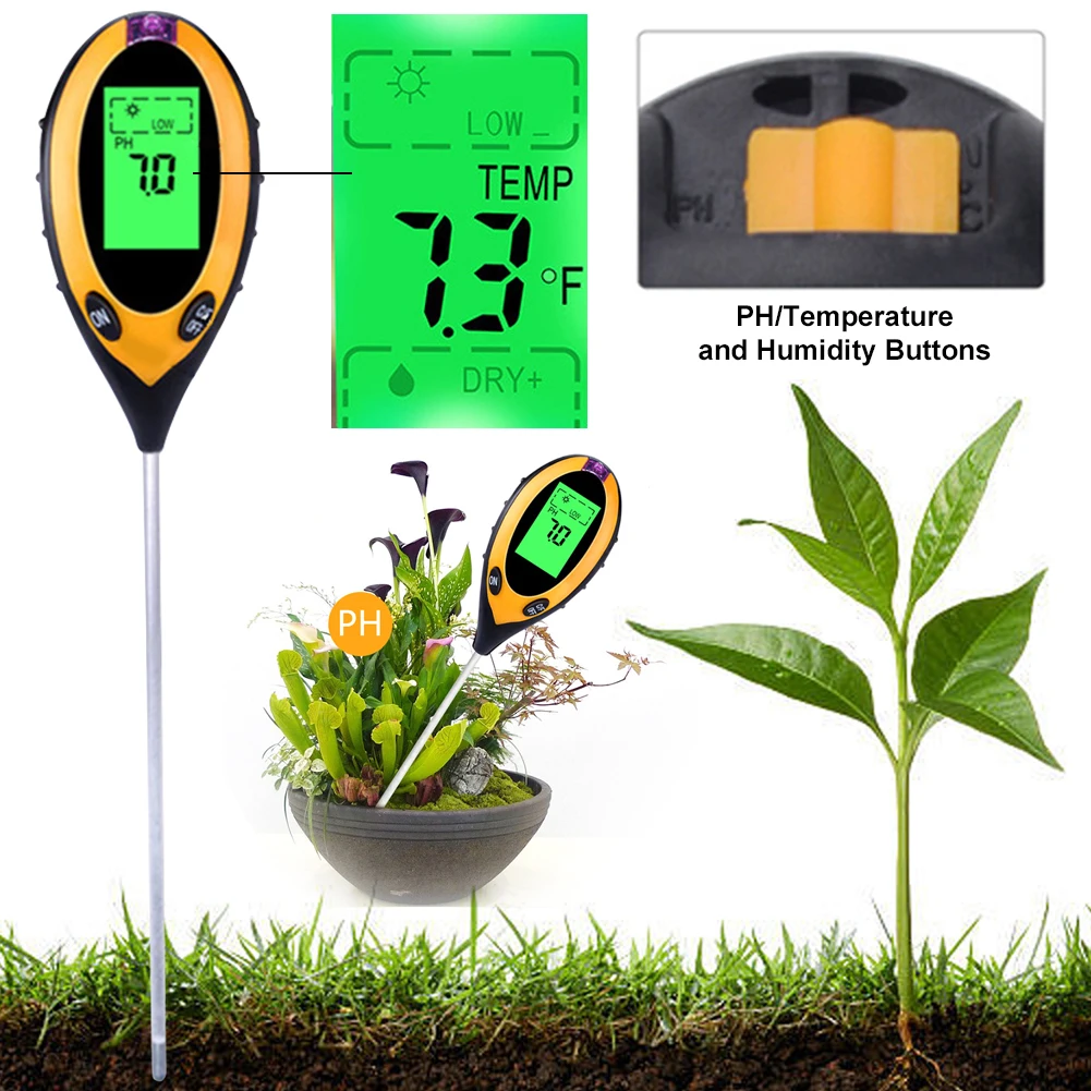 4 In 1 Soil Detector Meter with LCD Backlight Soil Temperature Monitor Sunlight Intensity PH Value for Gardening Plants Farming