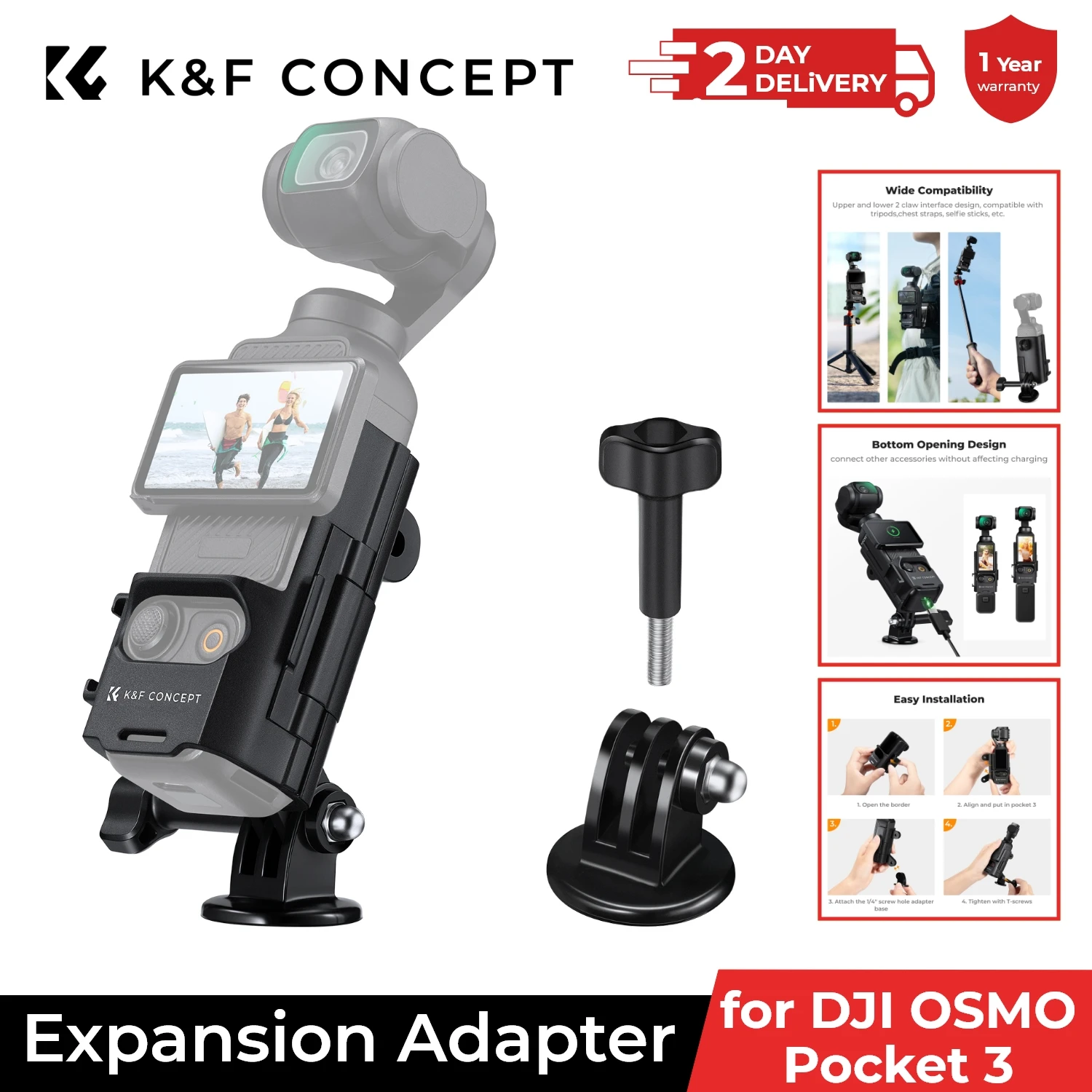 

K&F Concept Expansion Adapter Mount for DJI Osmo Pocket 3 Extended Mounting Bracket Frame with Cold Shoe Mount/1/4" Screw Hole