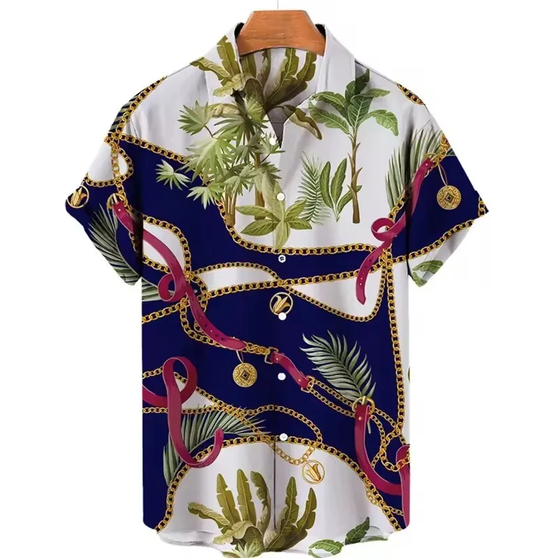 Summer Luxury Retro Men's Shirt: Navy Blue and White with Red Ribbon and Tropical Palm Leaf 3D Print Beach Casual Shirt