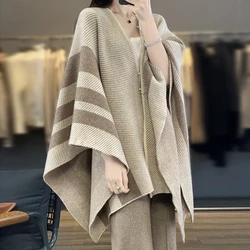 2024 Autumn/Winter New Striped Shawl Women's Sweater V-neck Jumper Knitted Sweater Holiday Retro Cape Sleeve Warm Big Shawl