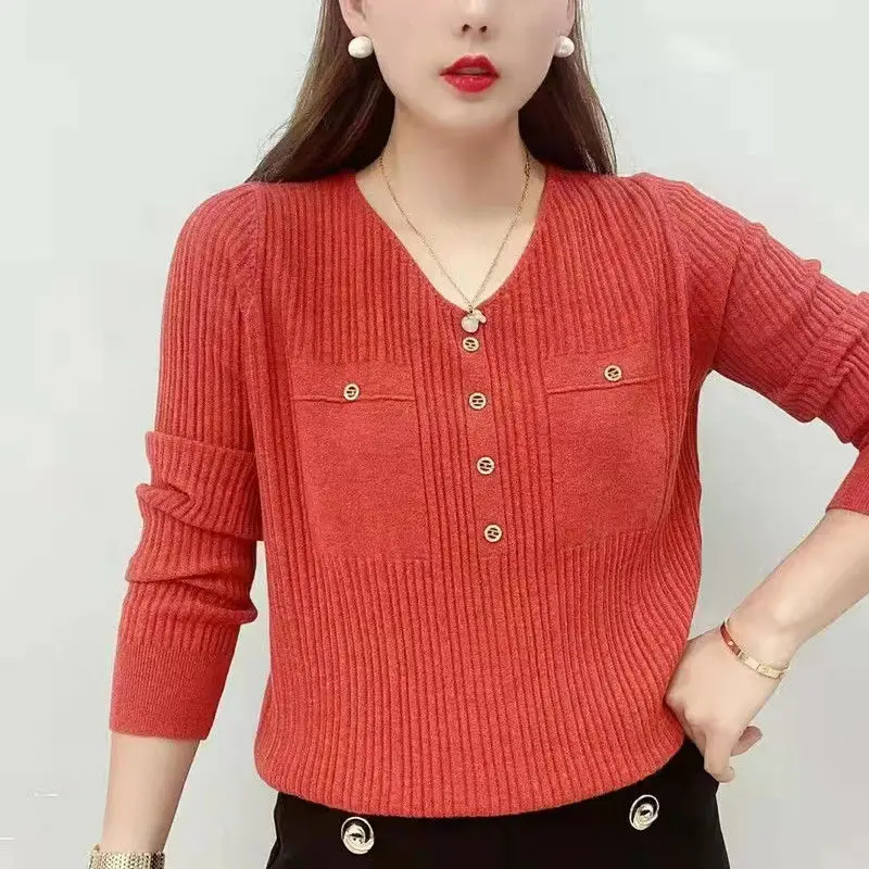 Autumn Fashion Long Sleeve Solid Color Casual Button Shirts 2022 Spring New Loose Women Clothing Commute V Neck Knitting Blouses