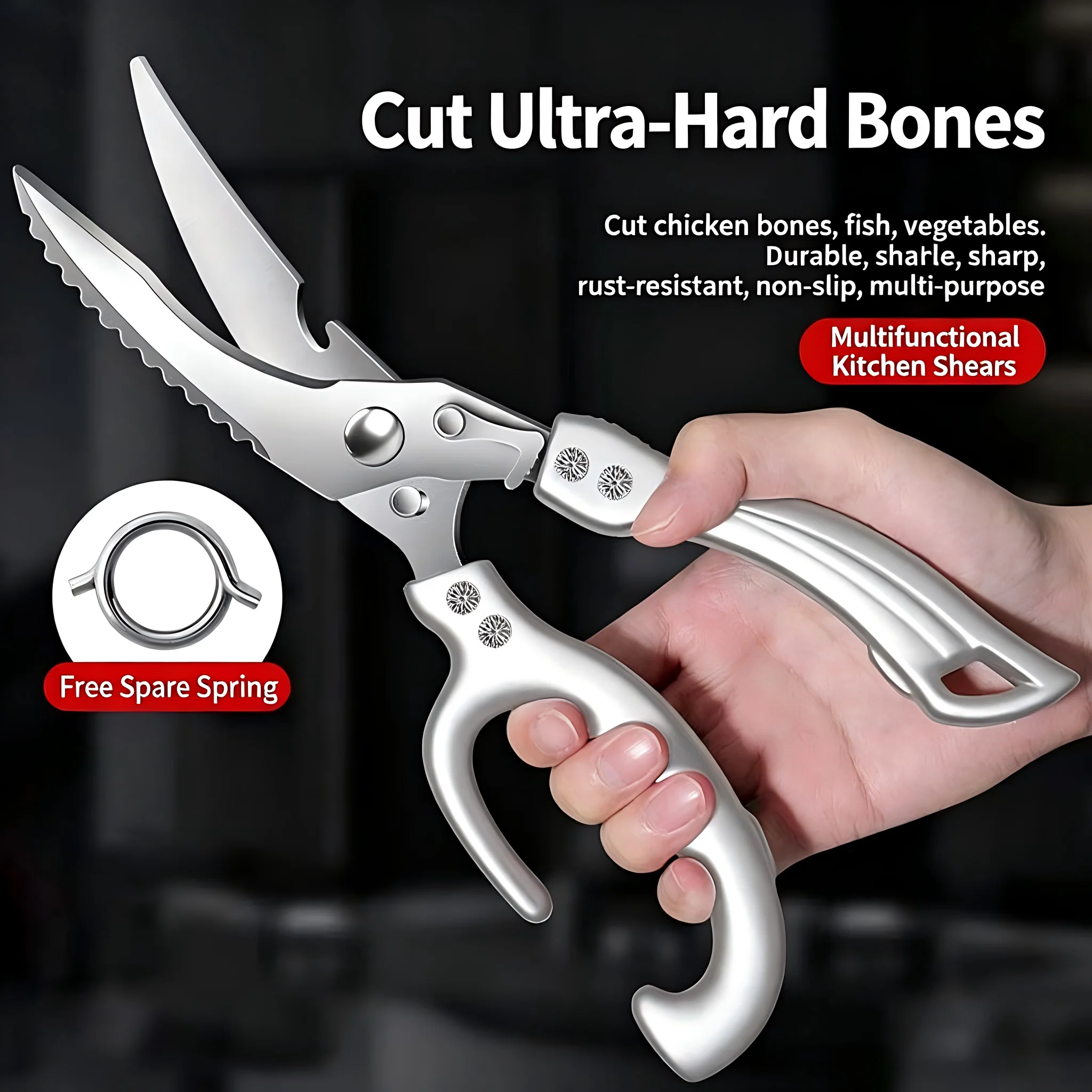 Kitchen scissors Ultra sharp Stainless steel blade O-shaped anti-slip handle Powerful Spring for Cutting Chicken bones Fish Meat