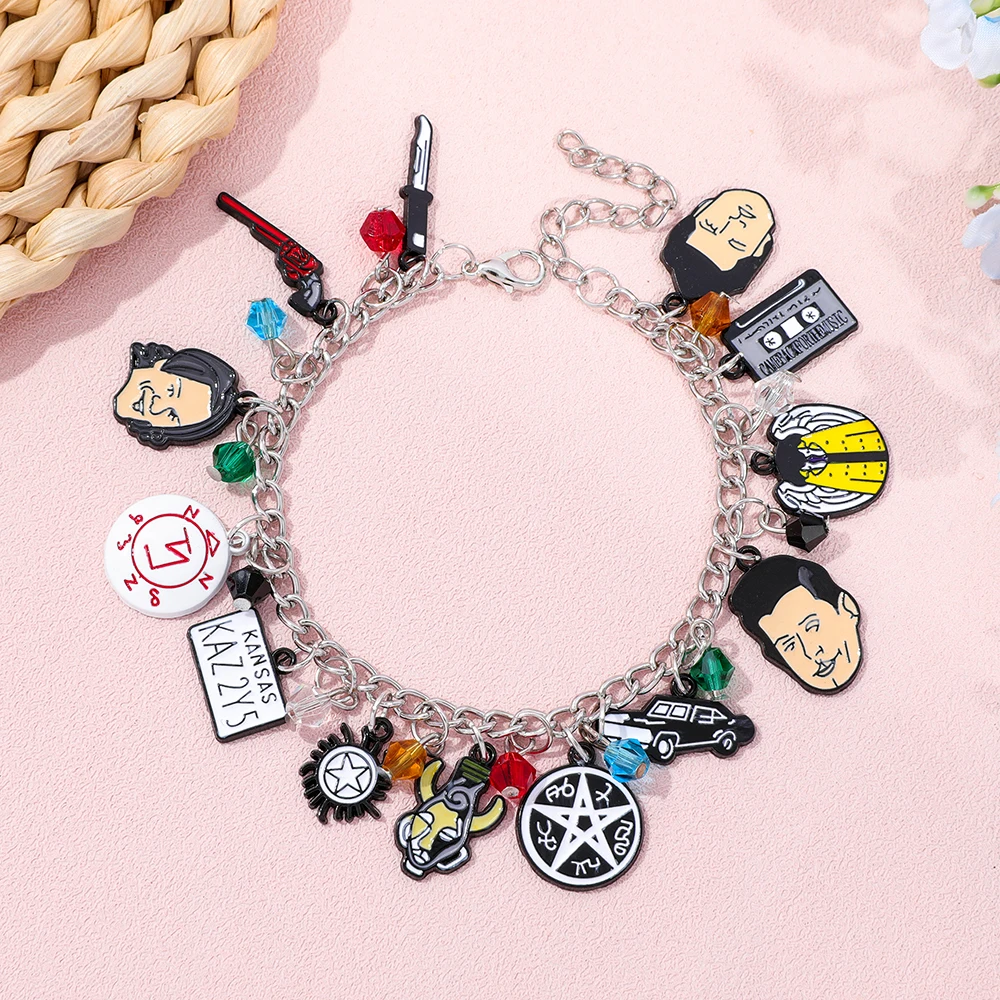 Supernatural TV Show Themed Charm Bracelet with Winchester Brothers Castiel Anti-Possession Symbol Impala And Colt Gun Charms - view 5