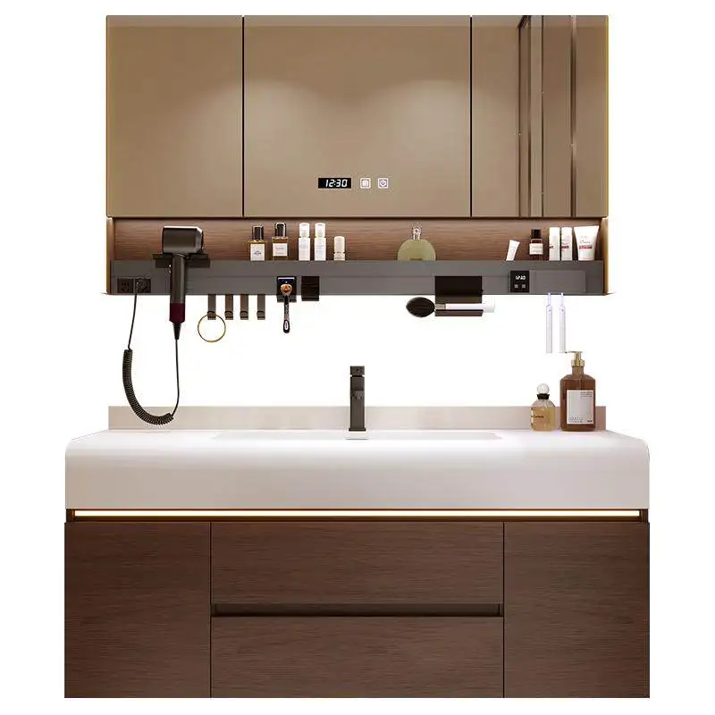 

Новая итальянская средневековая тумба для ванной комнаты из массива дерева цвета орех с интегрированной раковиной из камня Chimei, с эффектом натуральной кожи