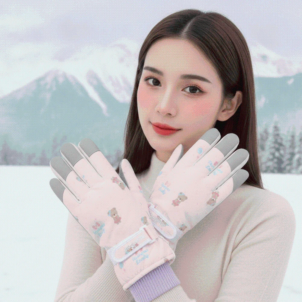 Riding Gloves Fleece Liners Ski Mittens Touchscreen Printed Bear Thermal Gloves Non-slip Adjustable Snow Mittens Girls
