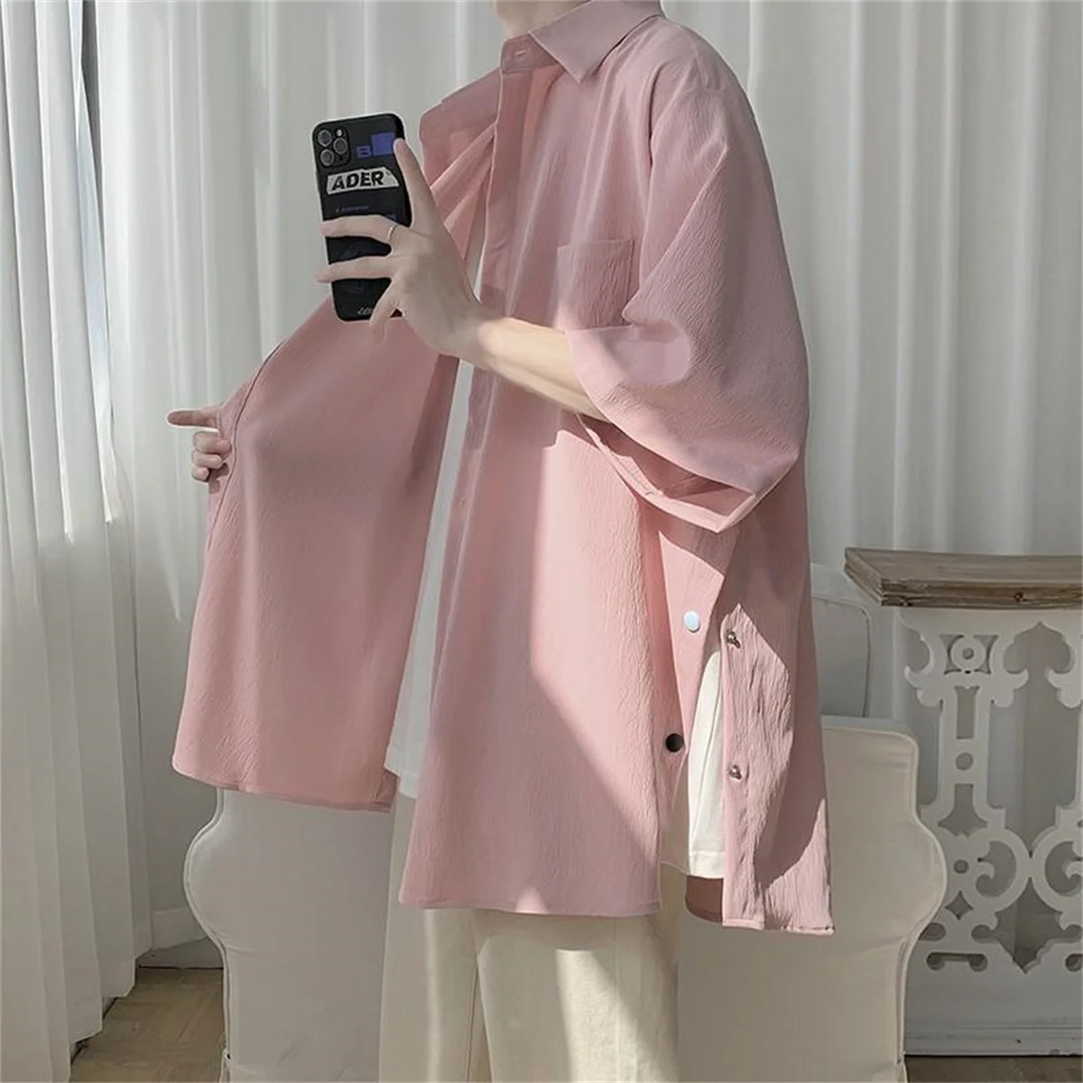 Solid Color Spring Summer Thin Shirts Short Sleeve Loose Turn-down Collar Button Handsome Fashion Casual Street Men's Clothing