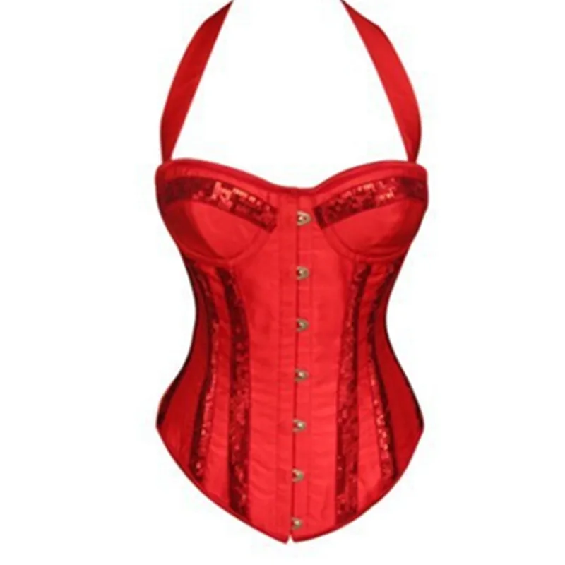 Women Corset with Cup Bra Red Overbust Corset V Neck Satin Sequin Decoration Lace-up Corsets Gothic Steampunk Corset Bustier Top