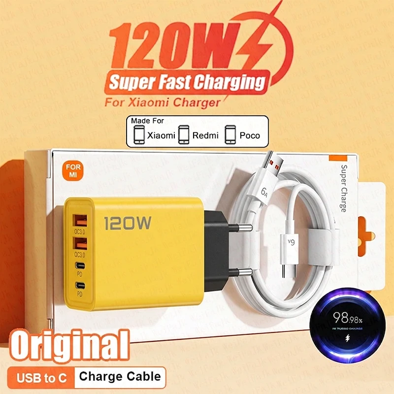 For Xiaomi Original 120W Quick Charger 4 Port USB Type C For Redmi Note 12T Pro 15 Ultra iPhone 16 Samsung S25 Fast Charge Cable