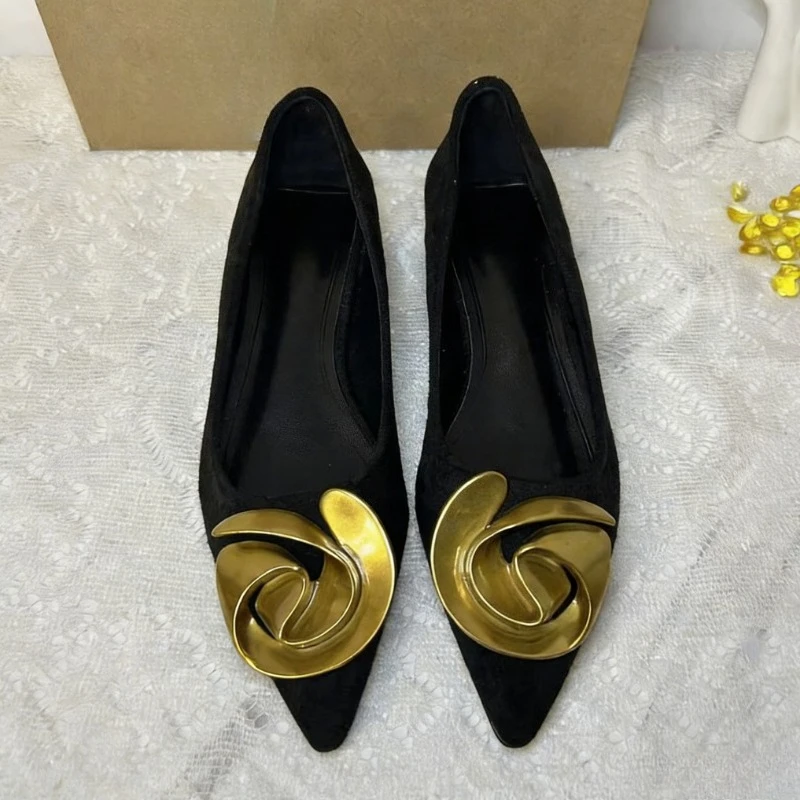 Slip-on Black Lady Office Shoes 2025 Summer Gold Metal Buckle Pointed Toe Shallow High Quality Comfortable Walking Women Flats