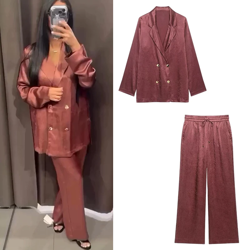 Women's Suit Set, Wrinkled Double Breasted Blazer with Notched Lapel, Wide Leg Pants with Drawstring Waist
