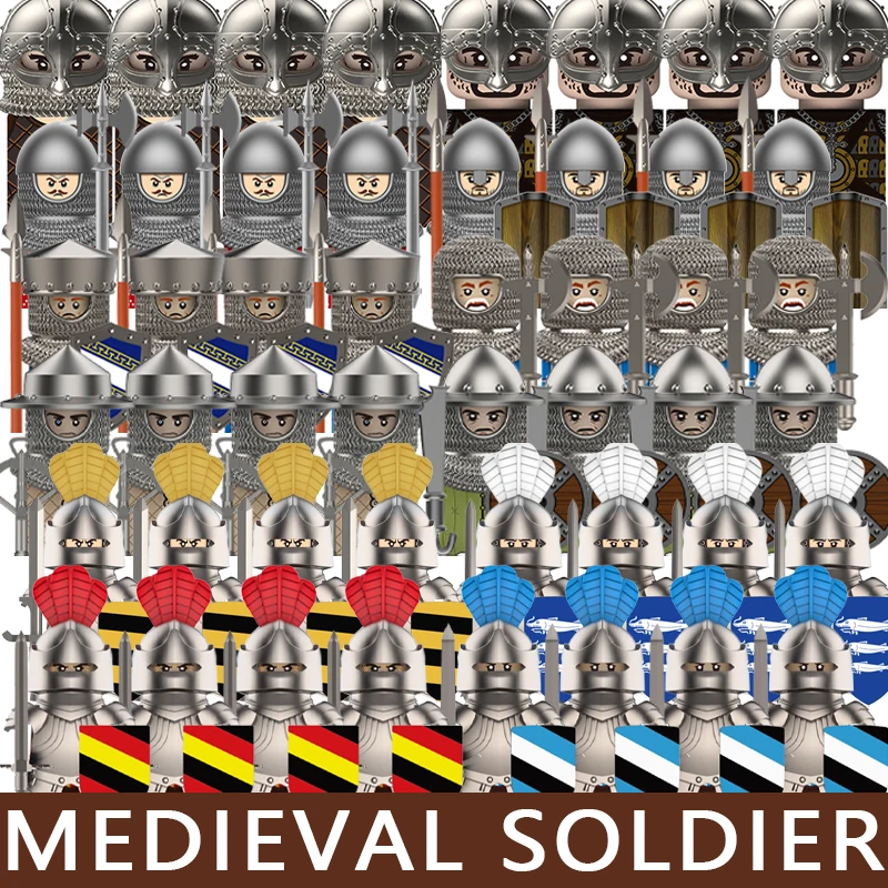 Figuras de Soldados da Série Medieval, Blocos de Montar, Castelo, Guerreiro Viking, Cavaleiro, Mílias, Acessórios de Machado e Martelo, Brinquedos de Blocos