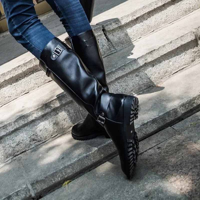 Plus Size 37-46 Top Quality Punk Style Gothic Knee High Motorcycle Boots Men Winter 2025 Soft Leather Long Boots for Man