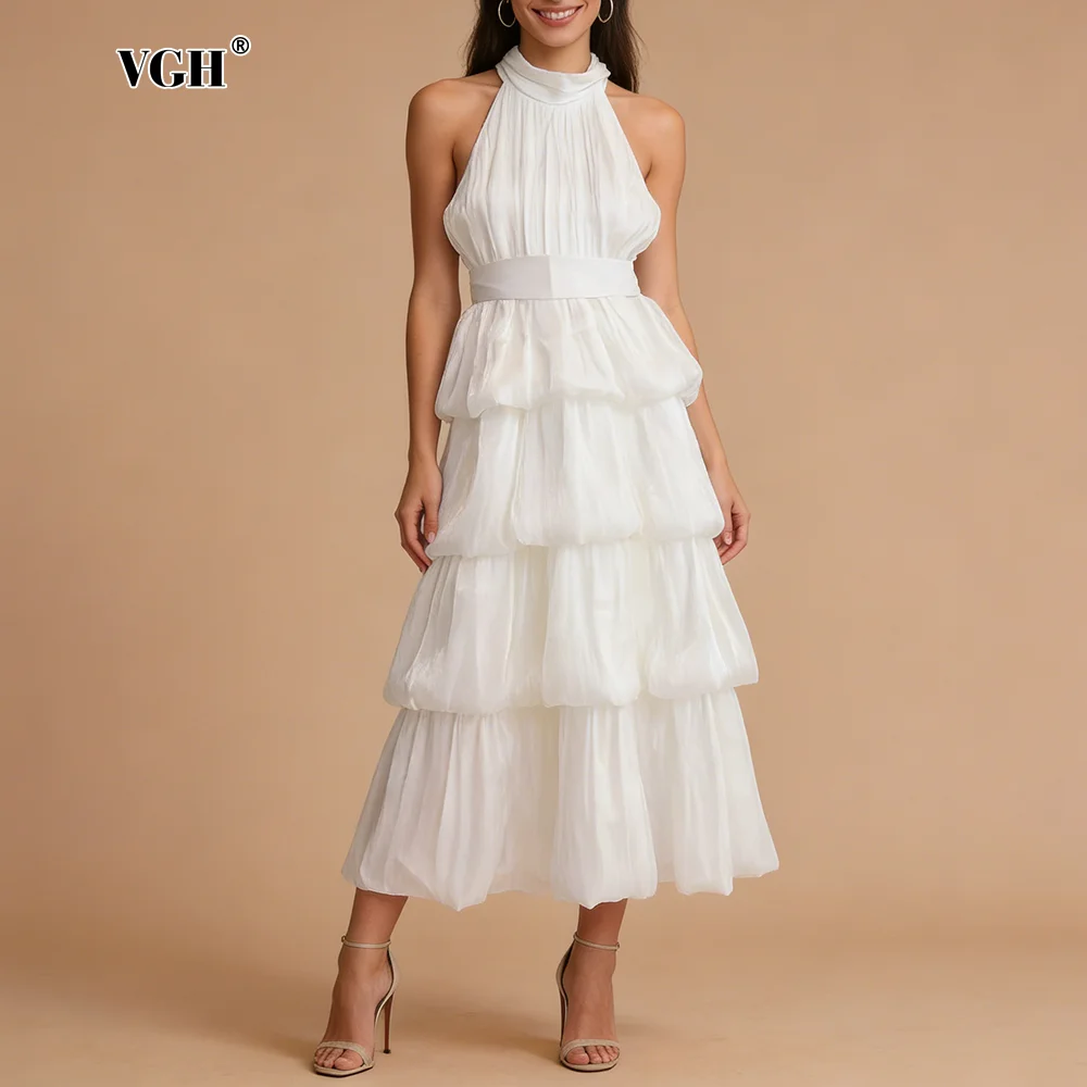 

Элегантное белое миди-платье VGH с воротником-халтером и многоярусной юбкой для женщин, без рукавов, с эффектом стройности, пышными слоями, для гостей на свадьбу