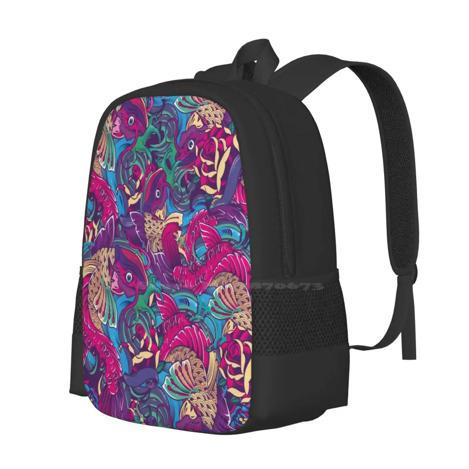 Koi School Bags For Teenage Girls Laptop Travel Bags Koi Fish Tatttoo Animal Colors Vector Pattern