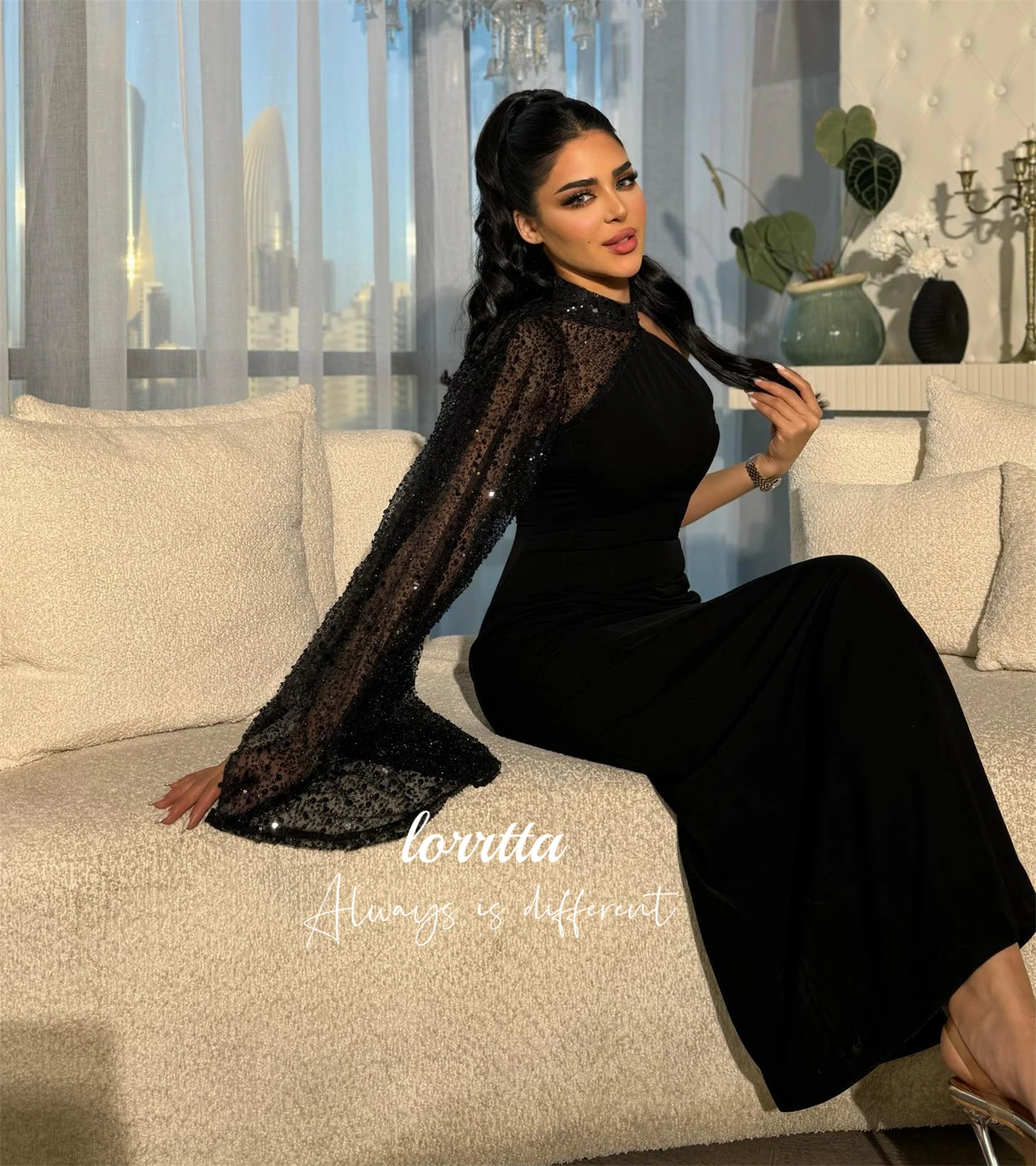 

Lorrtta Elegant Womens Party Dresses Evening Dress One Shoulder Sleeve Fishtail Cut Black Shiny Fabric Customized فساتين سهرة