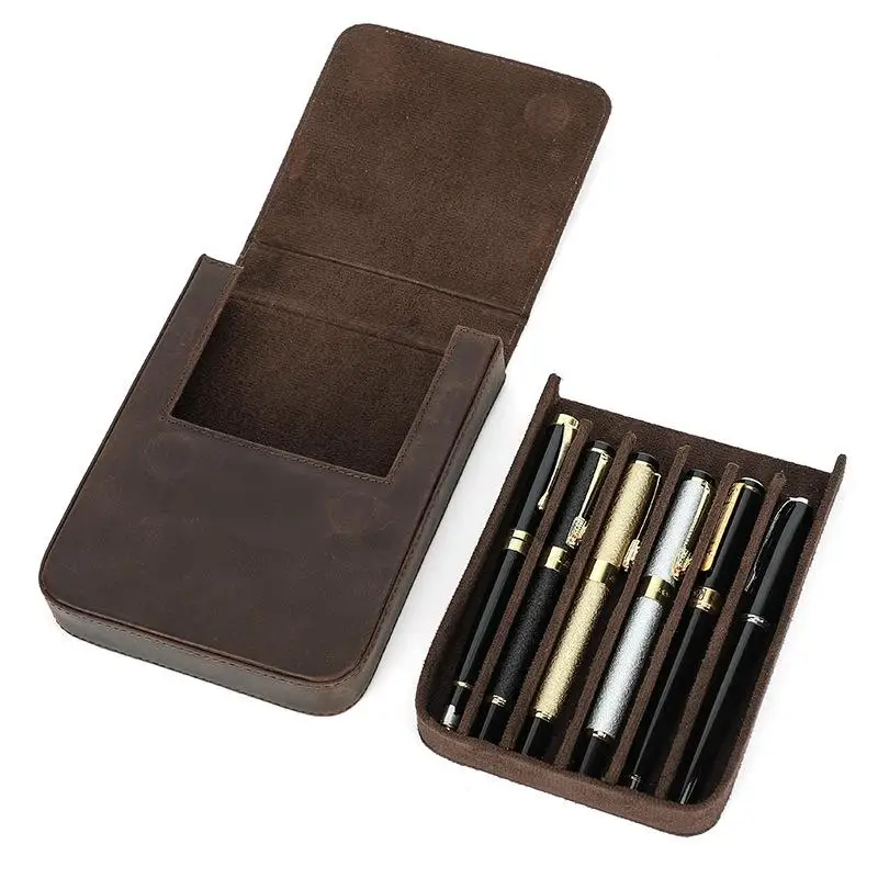 

Vintage Genuine Leather Pen Box Case With 6 Slots Removable Pen Tray Holder Retro Pen Pouch Bags School Office Supplies