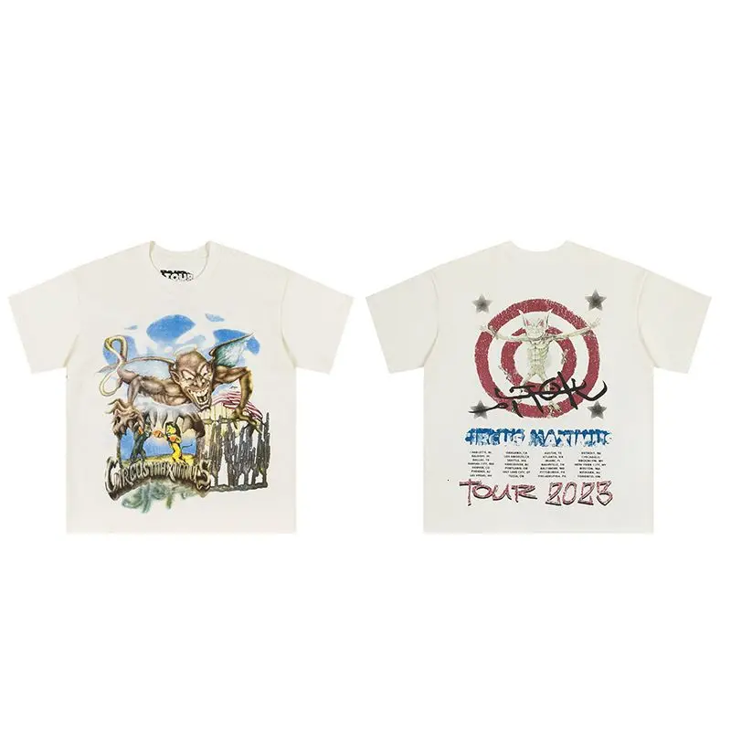 2026 Vintage Beast Lightning Graphic T-shirt Men Distressed Streetwear Short Sleeve Tee