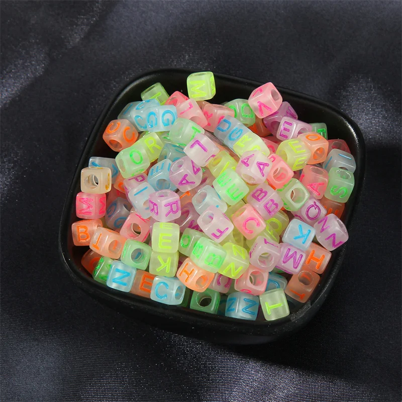 New 100pcs/Lot 6mm Luminous Beads Square Shape A-Z 26Letter Beads Acrylic Spaced Beads For Jewelry DIY Charms Bracelet Necklac