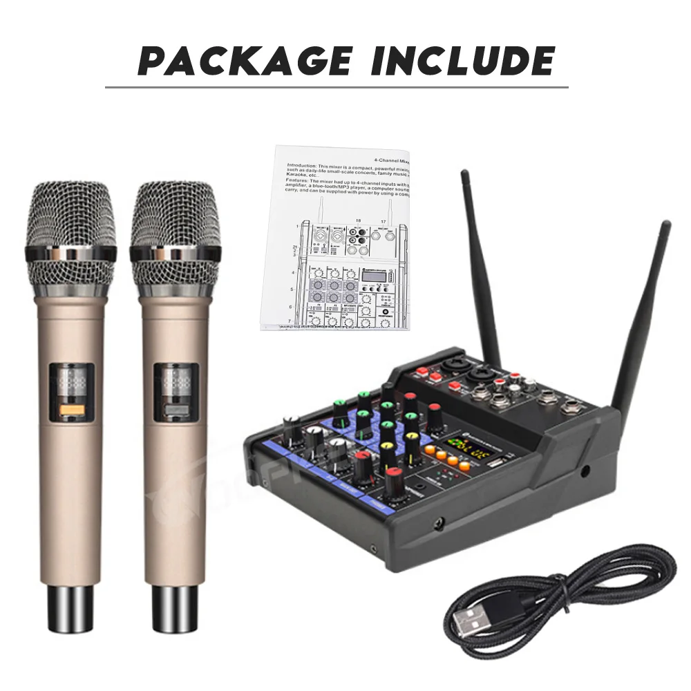 Woopker-Console Mixer Áudio com microfone sem fio, mistura de som, Bluetooth, entrada USB, DJ Mixer, 4 canais