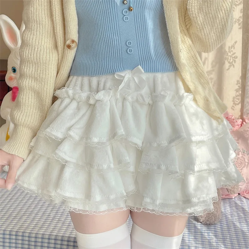 Women Multi Layer Lace Ruffle Bow Tiered Mini Skirt Built-in Safety Shorts Sweet Lolita Flowy Short Skort Cute Daily Bottoms