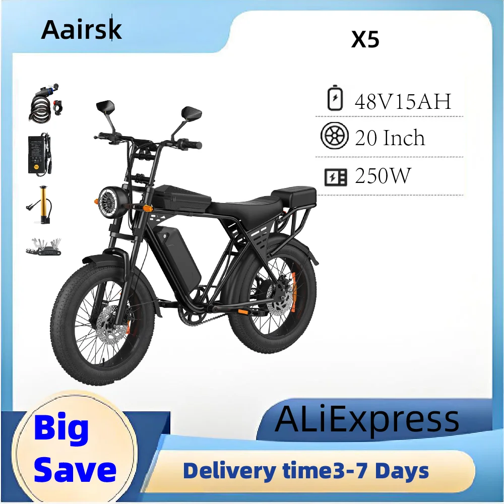 Adult Electric Bicycle Aairsk X5 250W Motor E-bike 48V15Ah Battery Electric Bike 20 Inch Fat Tire E-Mountain Bike