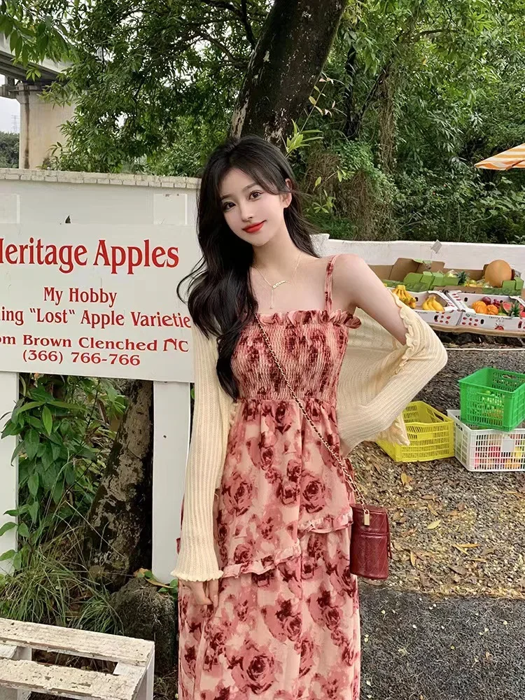 

2024 New Korean Fashion Sling Dress Flower Pattern Long Dress French Gentle and Elegant Vintage Dress Y2k Women Clothing